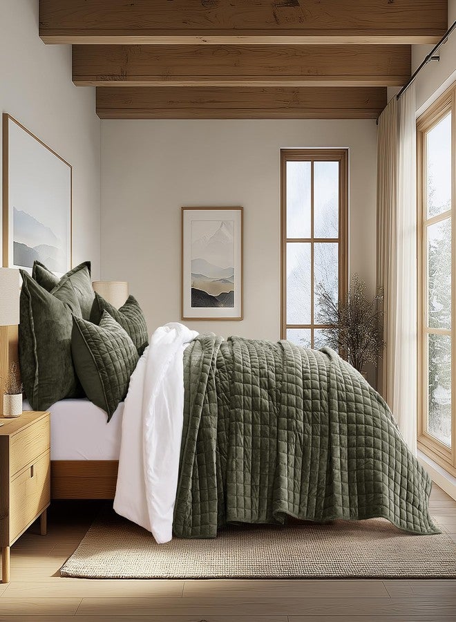RECYCO Luxury Velvet Quilt Set King Size, Lightweight Velvet Comforter Set, Oversized Bedspread Coverlet Quilted Bedding Set, with 2 Matching Pillow Shams, for All Season, Olive Green - Image 2